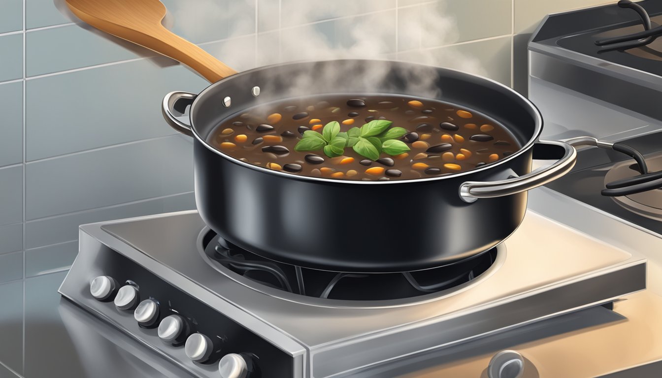 A pot of black bean soup on a stovetop, steam rising as it simmers. A ladle rests on the edge of the pot