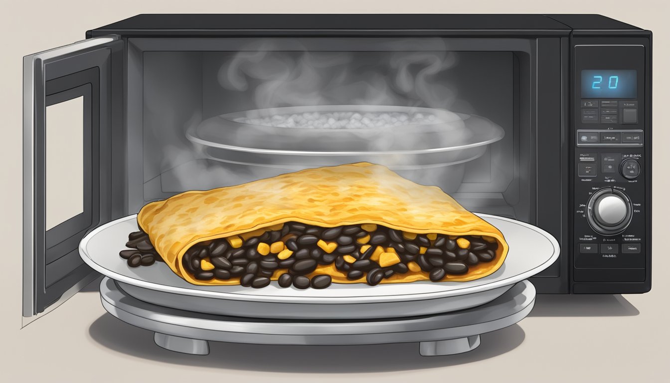 A plate of black bean enchiladas sits in a microwave. Steam rises from the dish as it rotates on the turntable