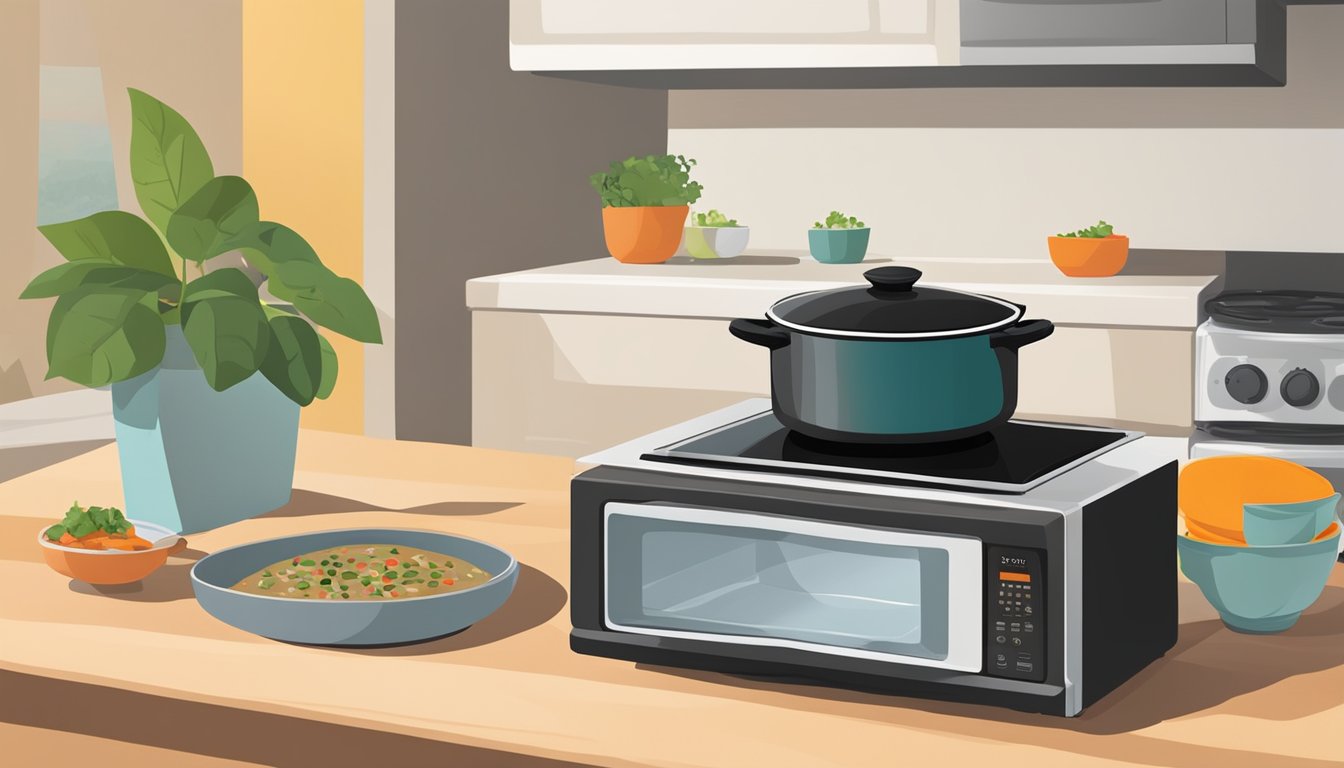 A pot of black bean soup sits on a stovetop, covered with a lid. A microwave sits nearby, ready to reheat a portion of soup in a bowl