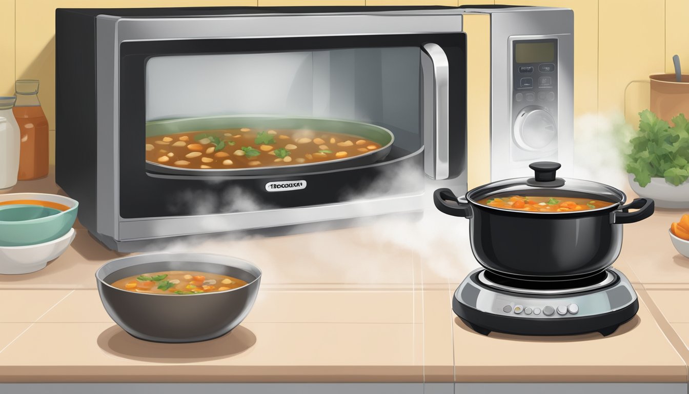 A pot of black bean soup sits on a stovetop, steam rising as it is reheated. A microwave sits nearby, with a bowl of soup inside