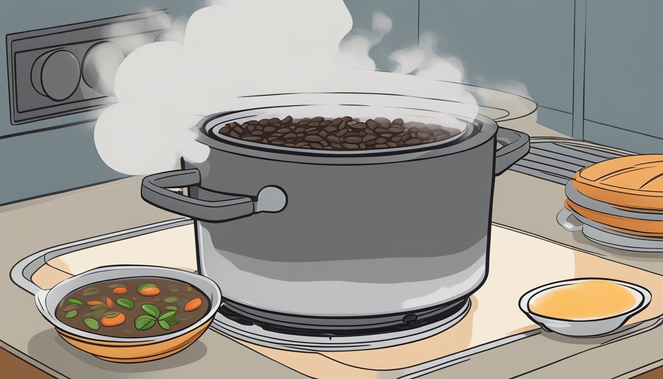 A pot of black bean soup being gently reheated on a stovetop, steam rising from the surface as the flavors meld together