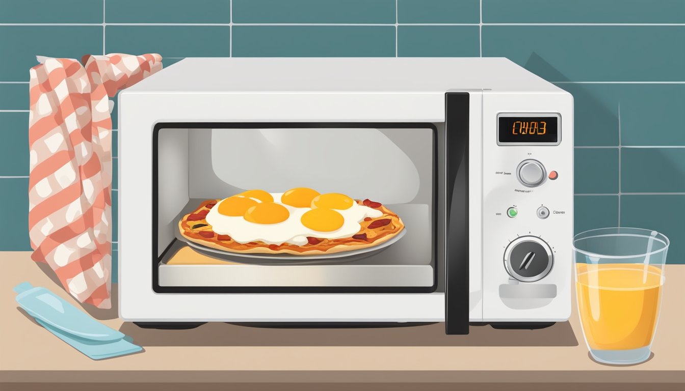 A microwave with a plate of breakfast pizza topped with eggs and bacon, a timer set for reheating