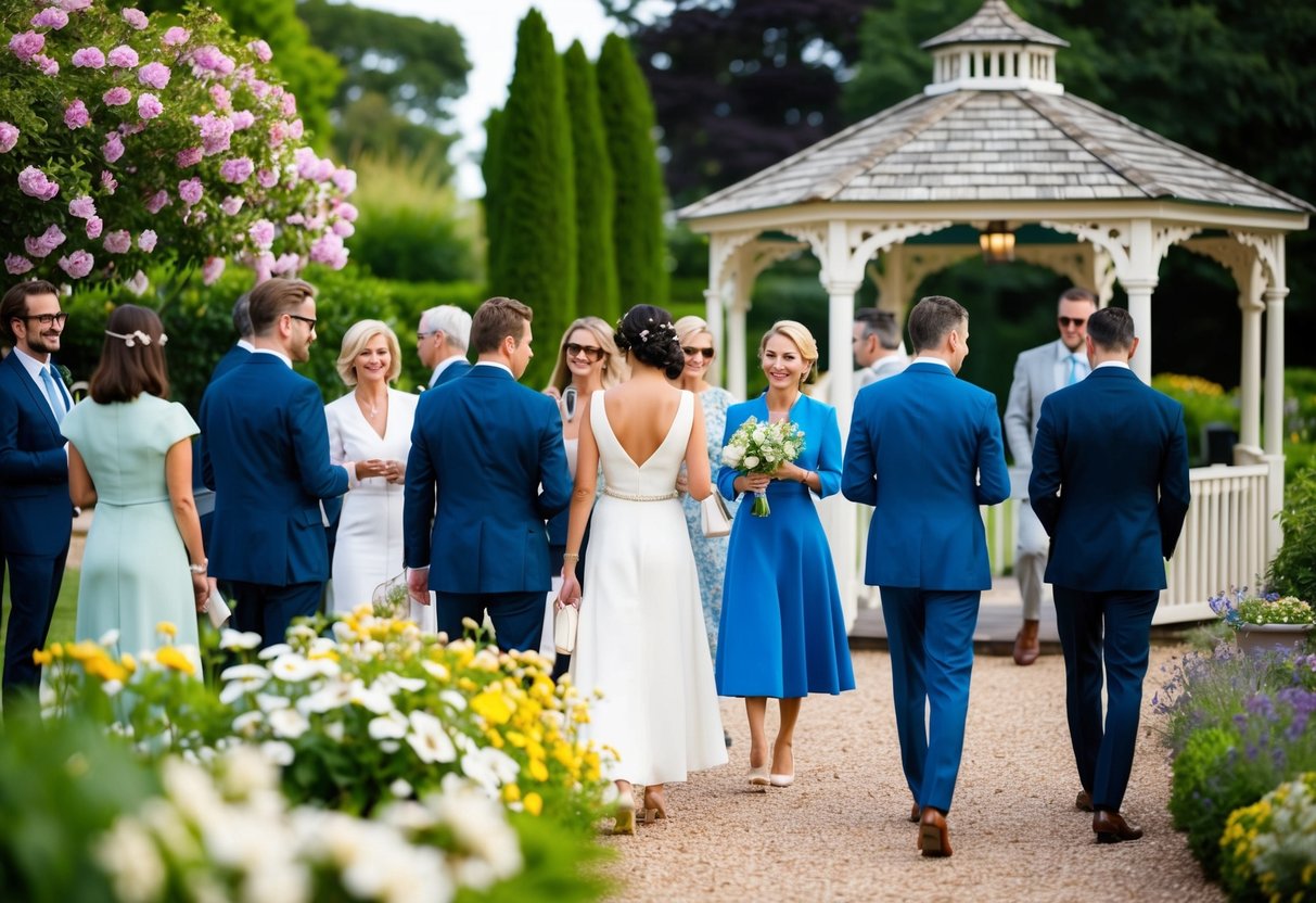 Guests in elegant attire mingle in a picturesque garden setting with blooming flowers and a charming gazebo