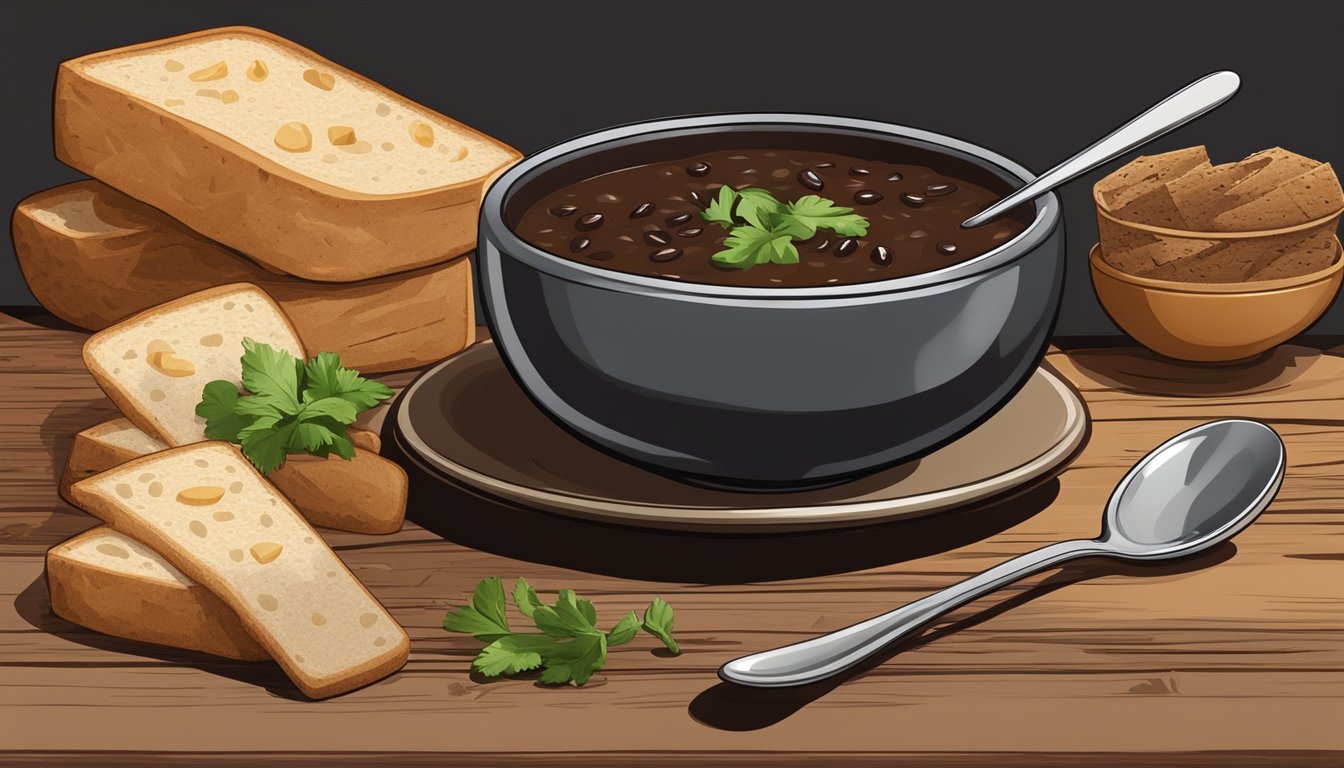 A steaming bowl of black bean soup sits on a rustic wooden table, accompanied by a spoon and a slice of crusty bread