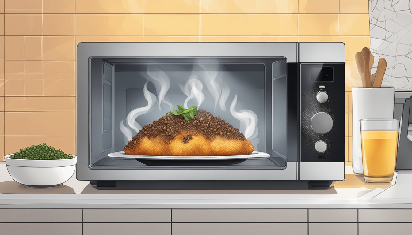 A steaming dish of black pepper-infused food being reheated in a microwave