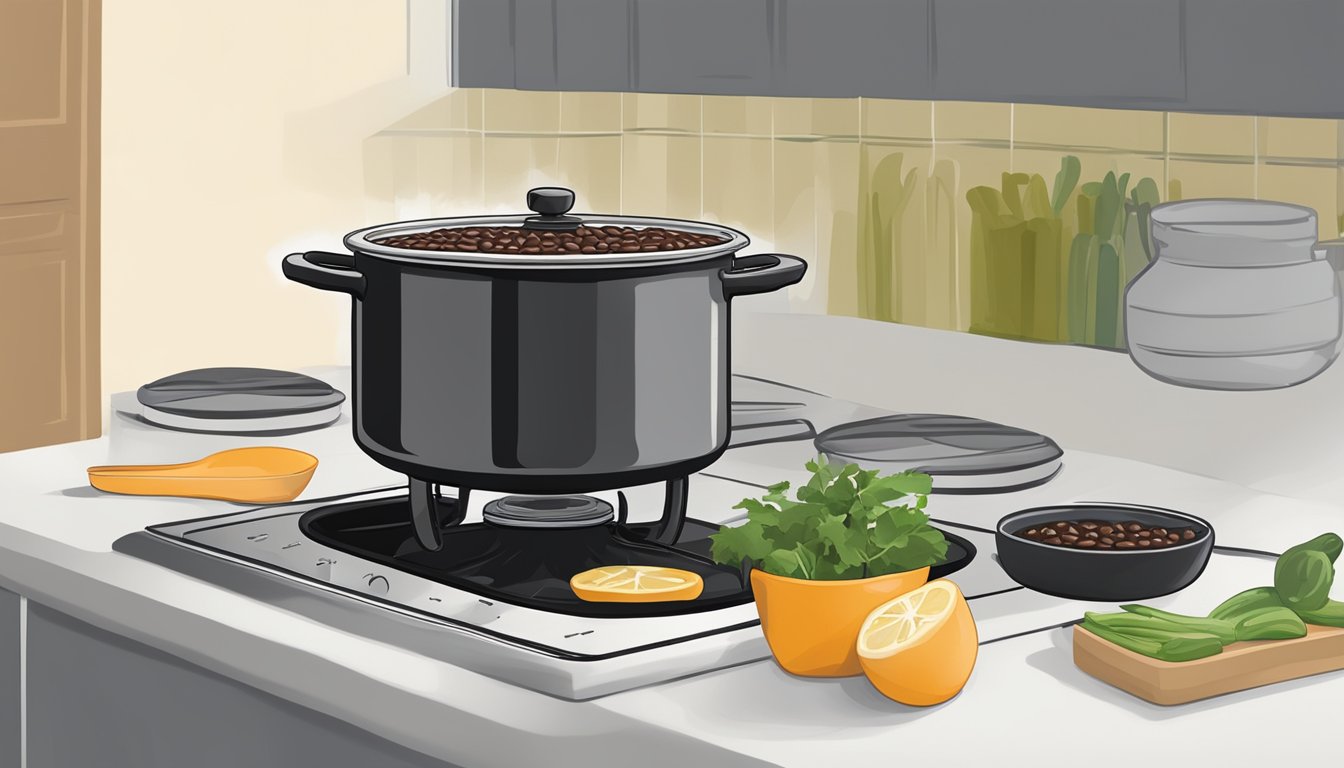 A pot of creamy black bean soup being reheated on a stovetop