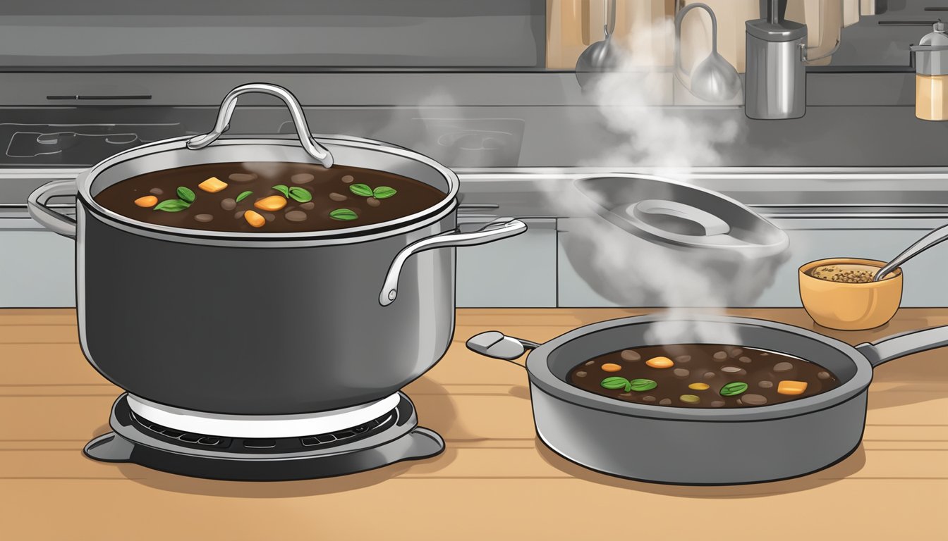 A pot of black bean soup sits on a stovetop, steam rising as a ladle hovers over it. A bowl and spoon sit nearby, ready for serving