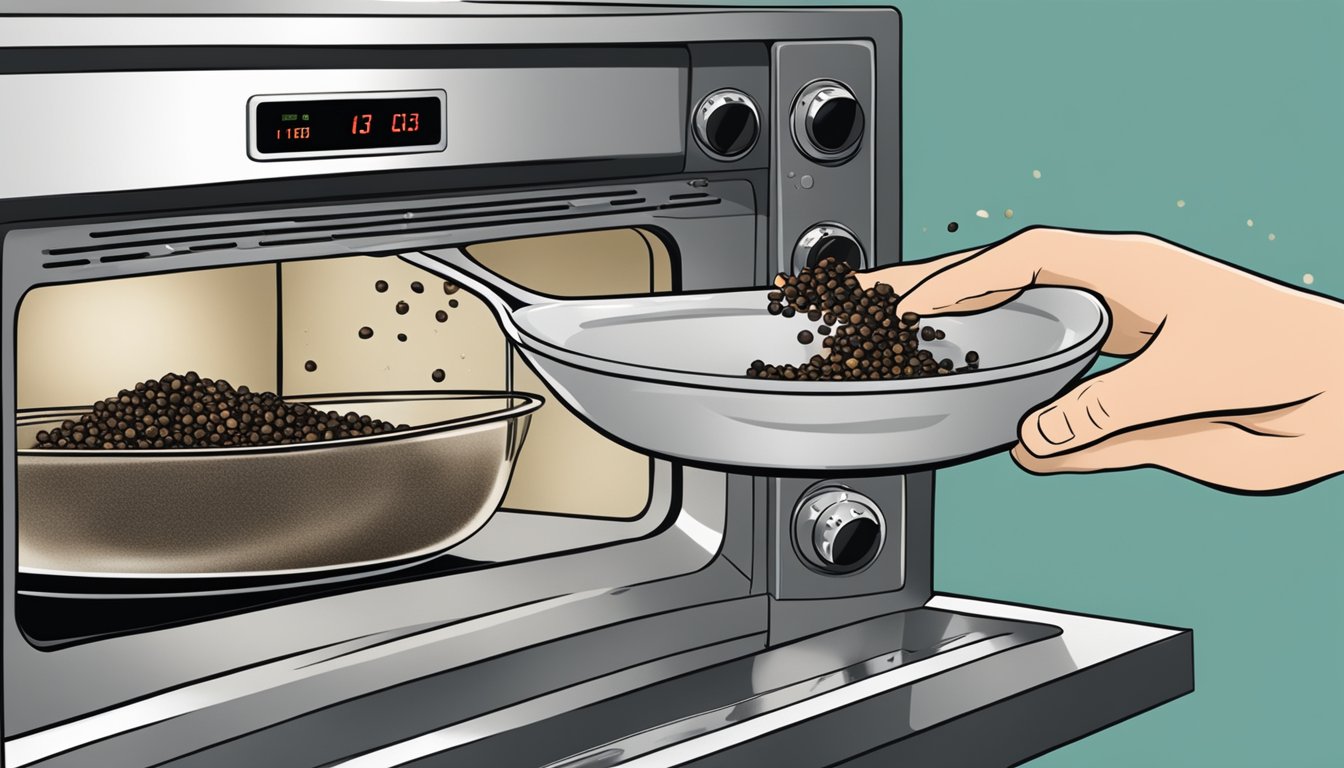 Black pepper being sprinkled onto a dish being placed into a microwave for reheating