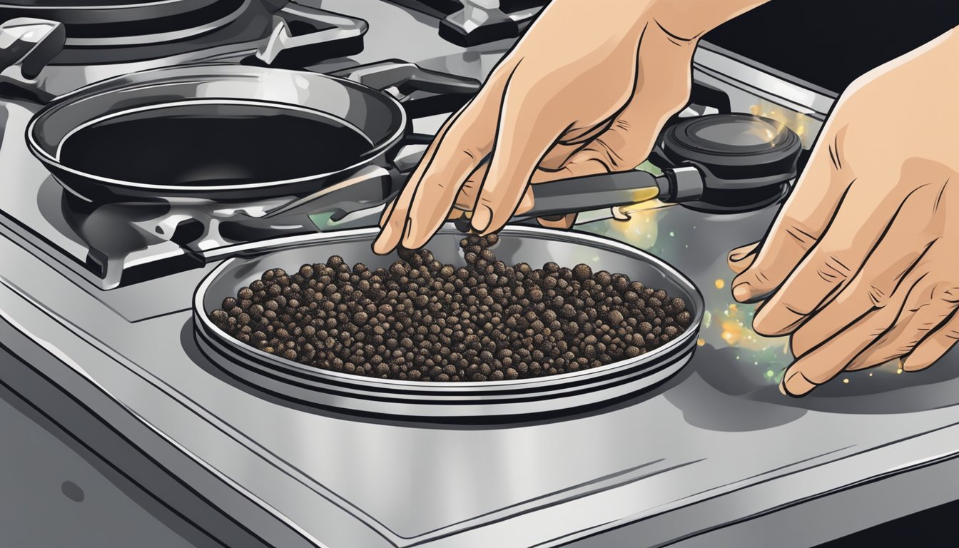 A hand reaching for a black pepper shaker, sprinkling it onto a sizzling pan of food on a stovetop