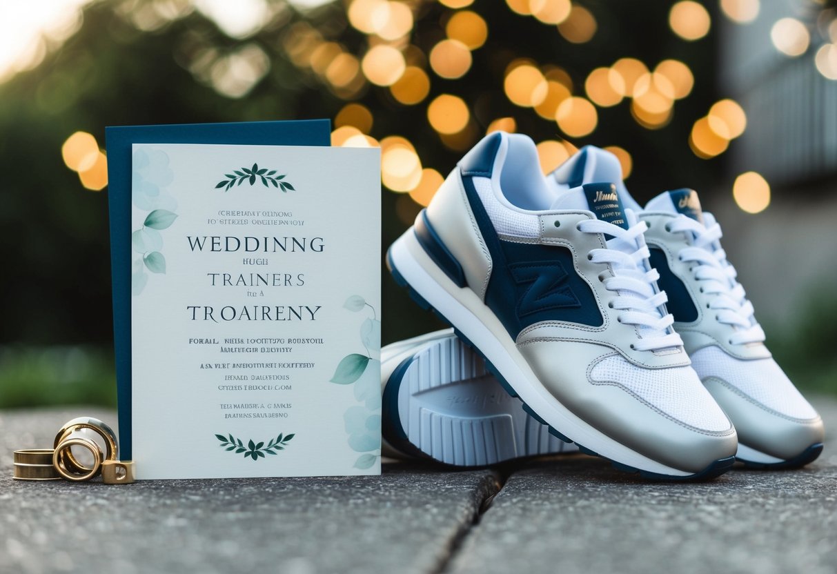 A pair of elegant trainers placed next to a formal evening wedding invitation