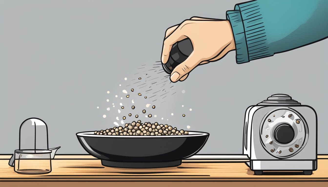 A hand reaching for a black pepper shaker, sprinkling it over a steaming dish being reheated in a microwave