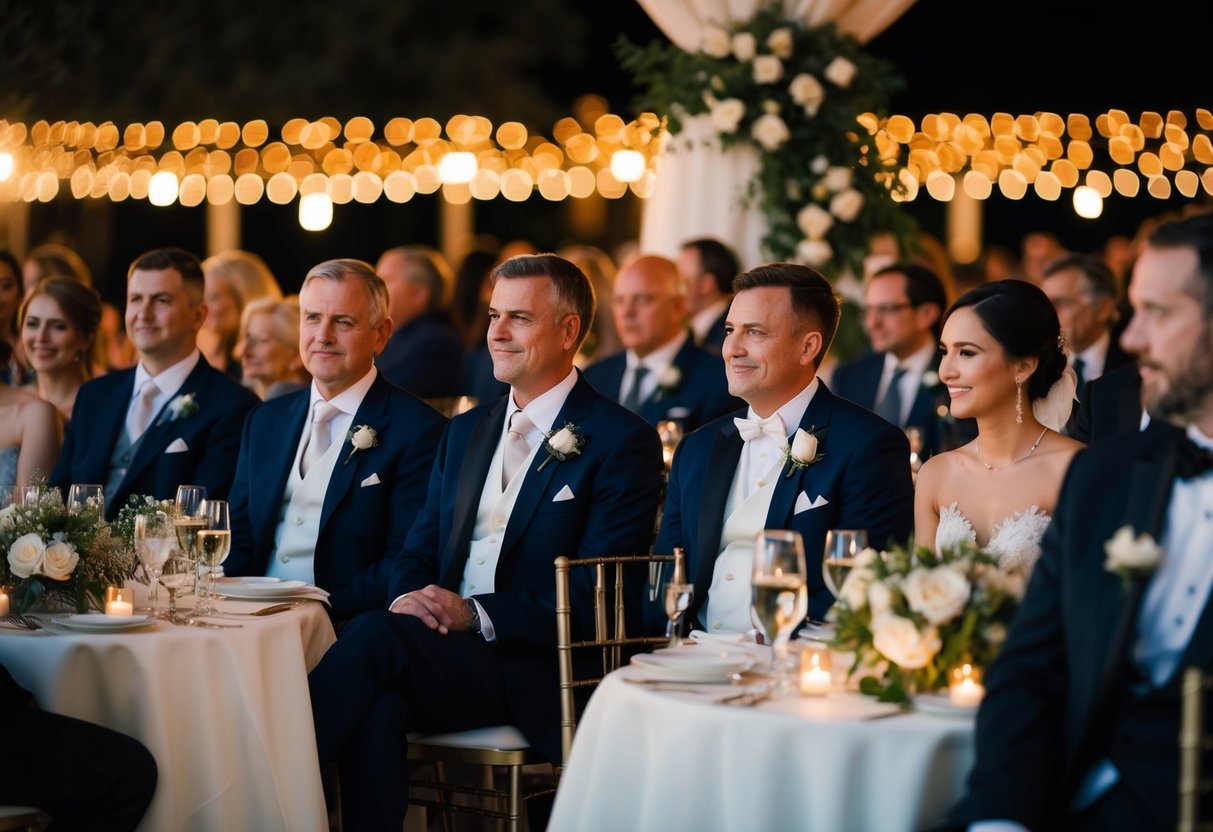 A formal evening wedding scene with guests dressed in elegant attire, including suits and formal dresses