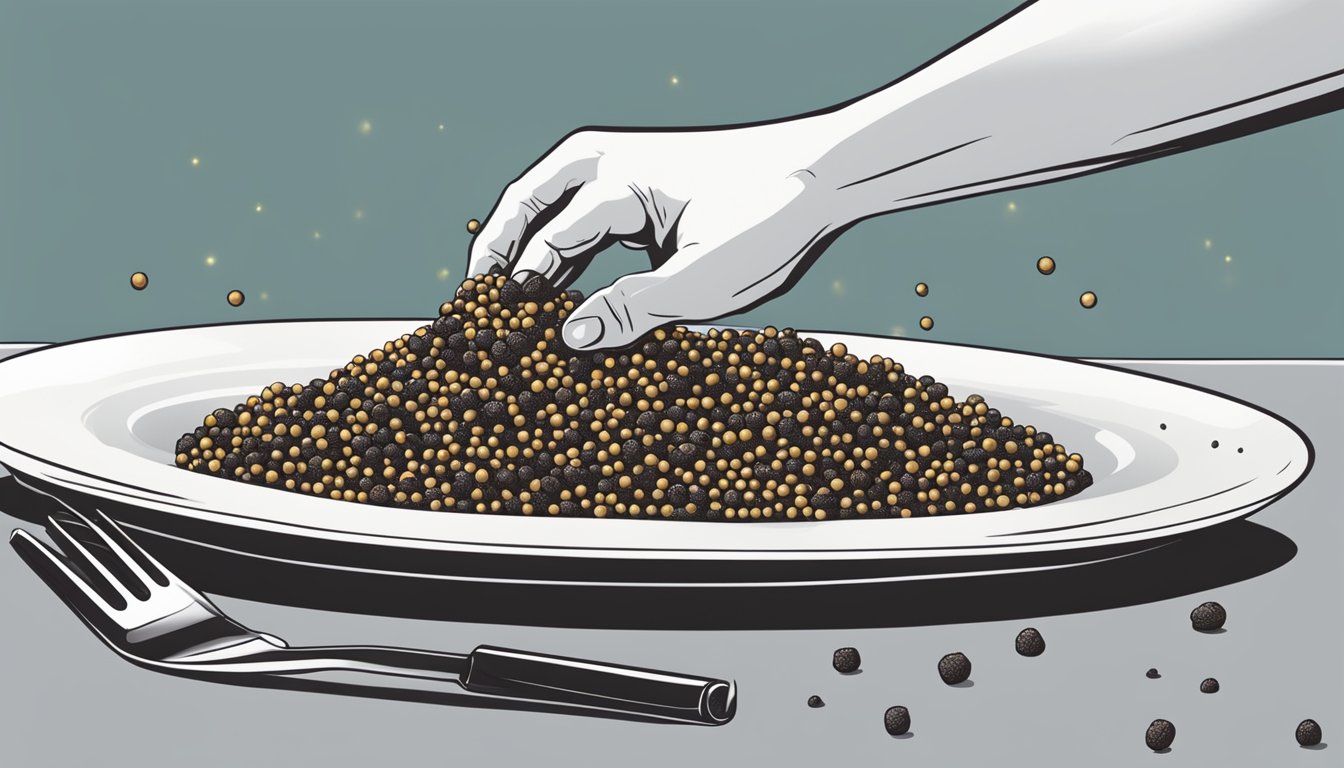 A hand sprinkles black pepper onto a dish of prepped food, ready for future reheating