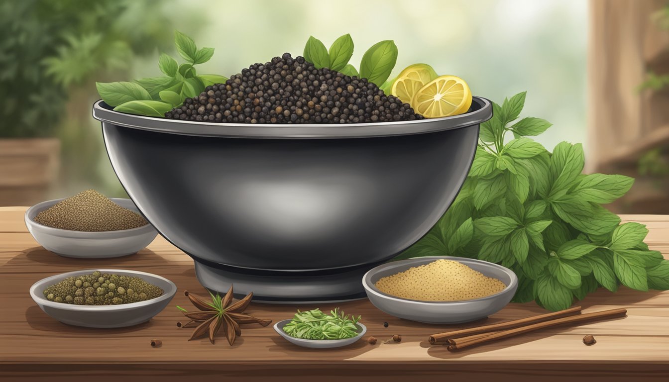 A steaming bowl of black pepper dish, surrounded by fresh herbs and spices, sits on a rustic wooden table