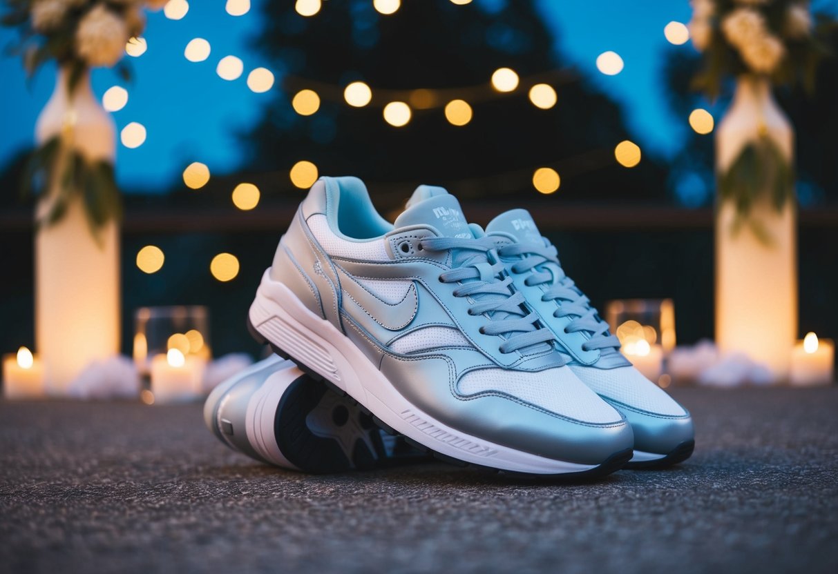 A stylish wedding guest outfit with a pair of elegant trainers, surrounded by evening wedding decor and ambiance