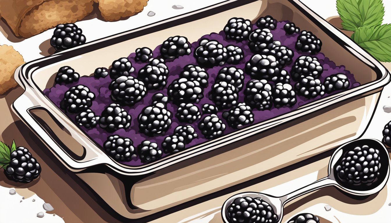 A blackberry cobbler sits in a baking dish, surrounded by scattered flour, sugar, and fresh blackberries. A spoon rests nearby, ready for serving