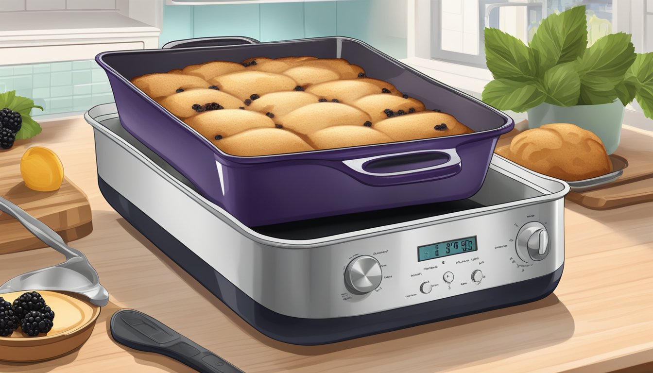 A blackberry cobbler sits in a baking dish on a kitchen counter. A microwave oven is open and ready to reheat the dessert