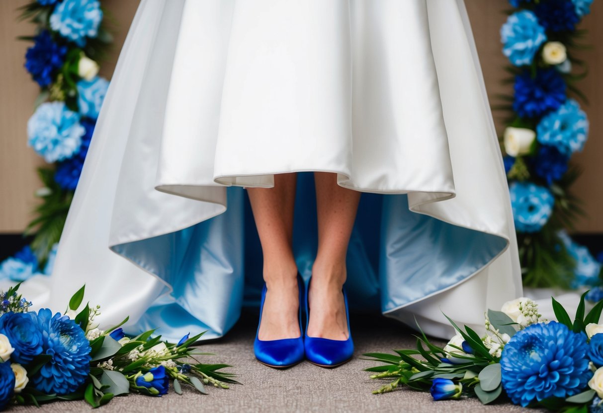 A bride wearing a white wedding dress with blue shoes peeking out from underneath, surrounded by floral decorations in shades of blue