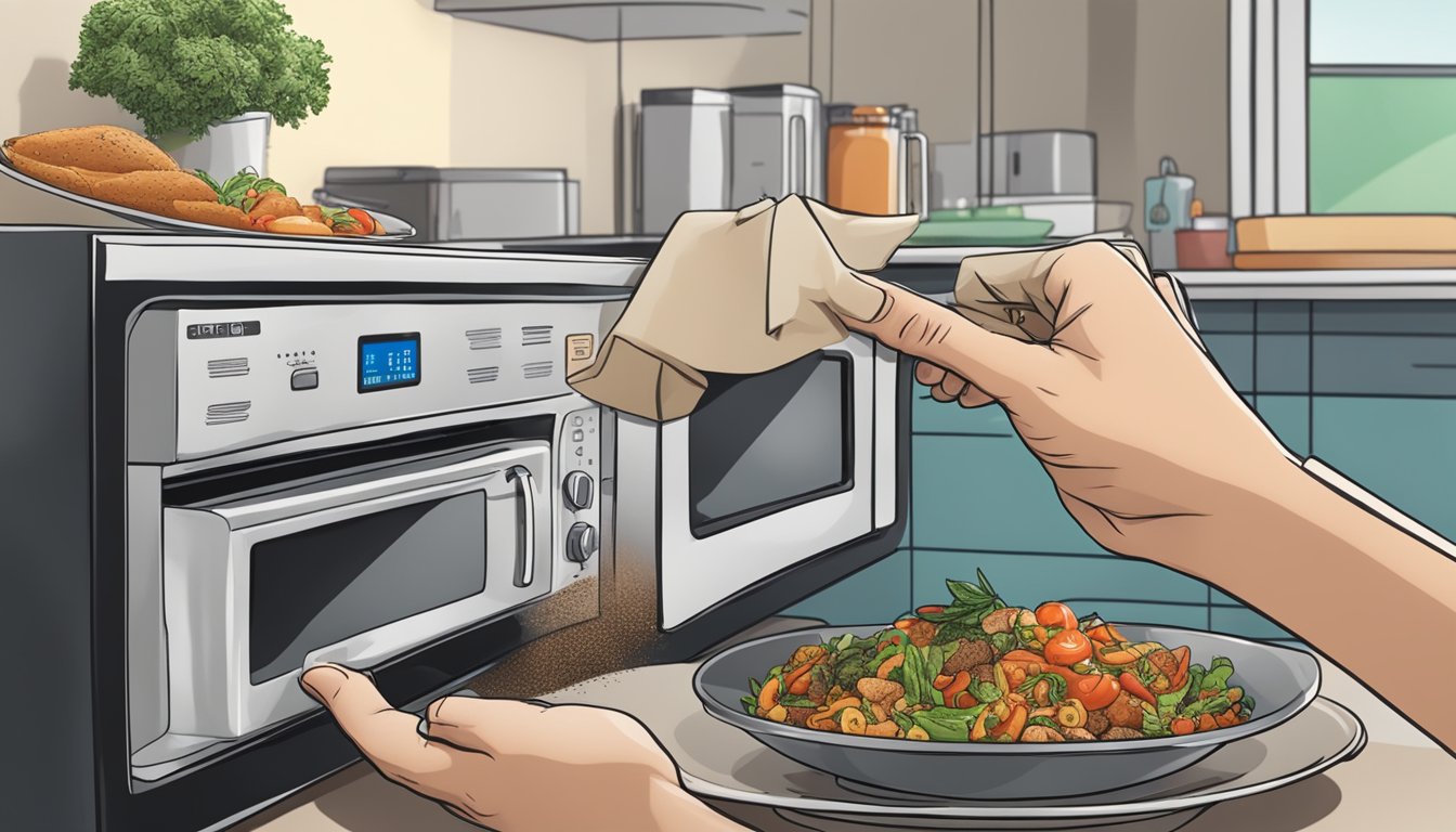 A hand reaching for a pre-made black pepper meal, with a microwave in the background