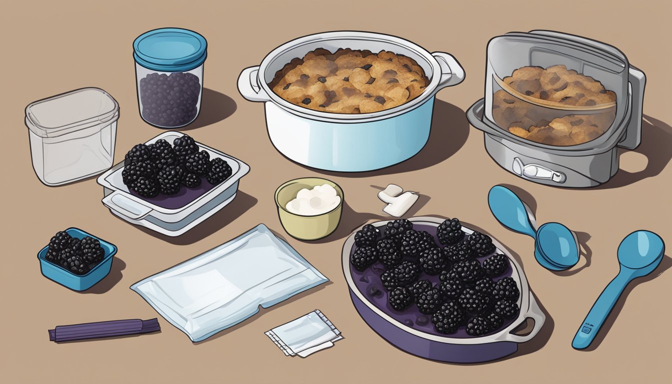 A blackberry cobbler sits on a kitchen counter next to a set of instructions for proper storage and reheating. Airtight containers and a microwave are nearby