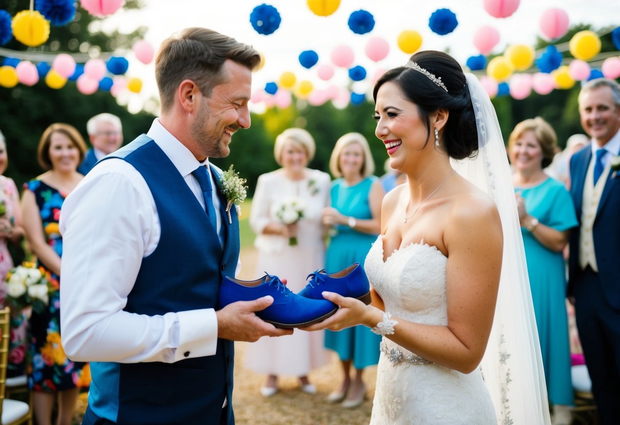 A bride and groom exchange blue shoes as part of a wedding tradition, surrounded by colorful decorations and joyful guests