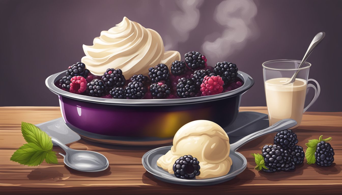 A steaming blackberry cobbler sits on a rustic wooden table, surrounded by fresh berries and a scoop of vanilla ice cream