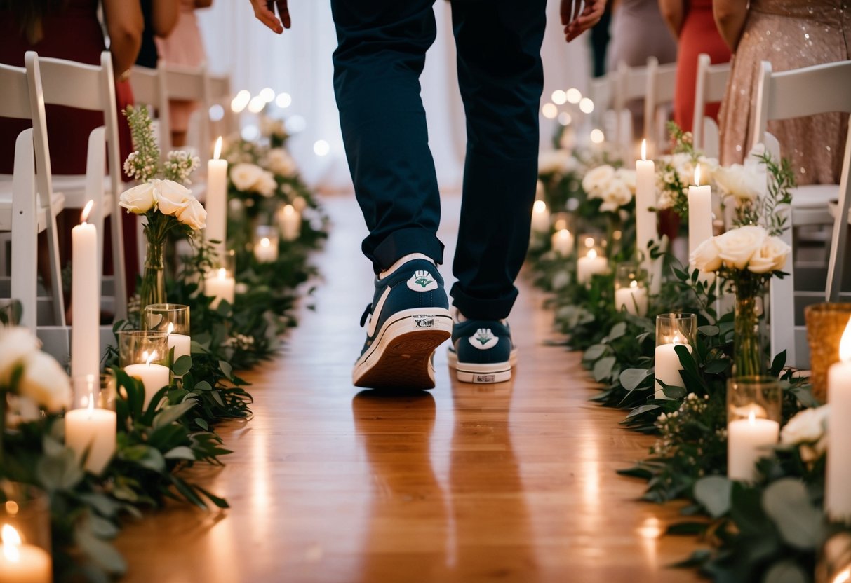 A pair of sneakers walking down a wedding aisle lined with flowers and candles