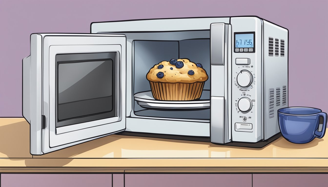 A blueberry muffin sitting on a microwave-safe plate, with the microwave door open and the timer set to reheat