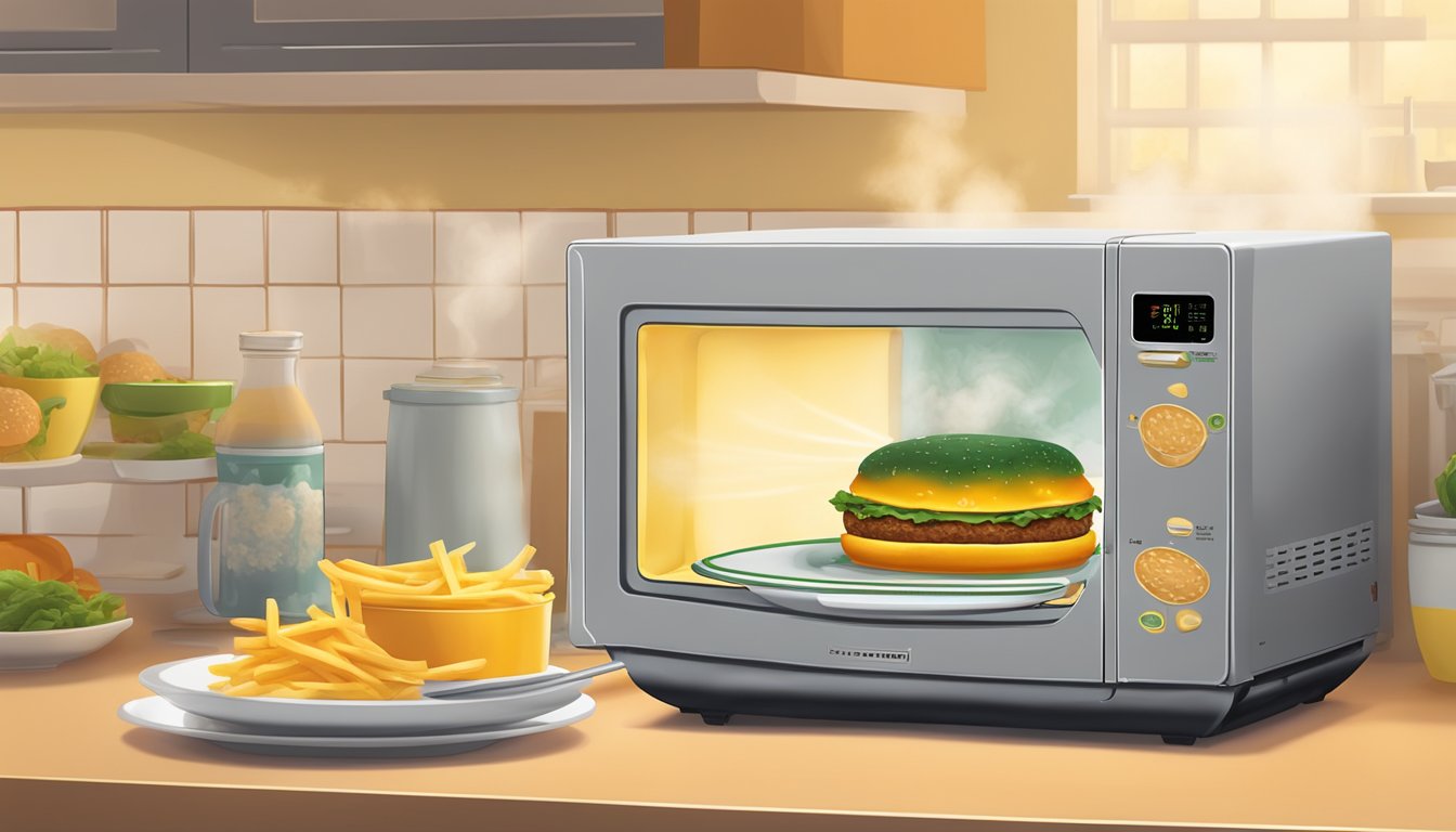 A microwave with a bubba foods jalapeño cheddar burger on a plate, steam rising from the hot food