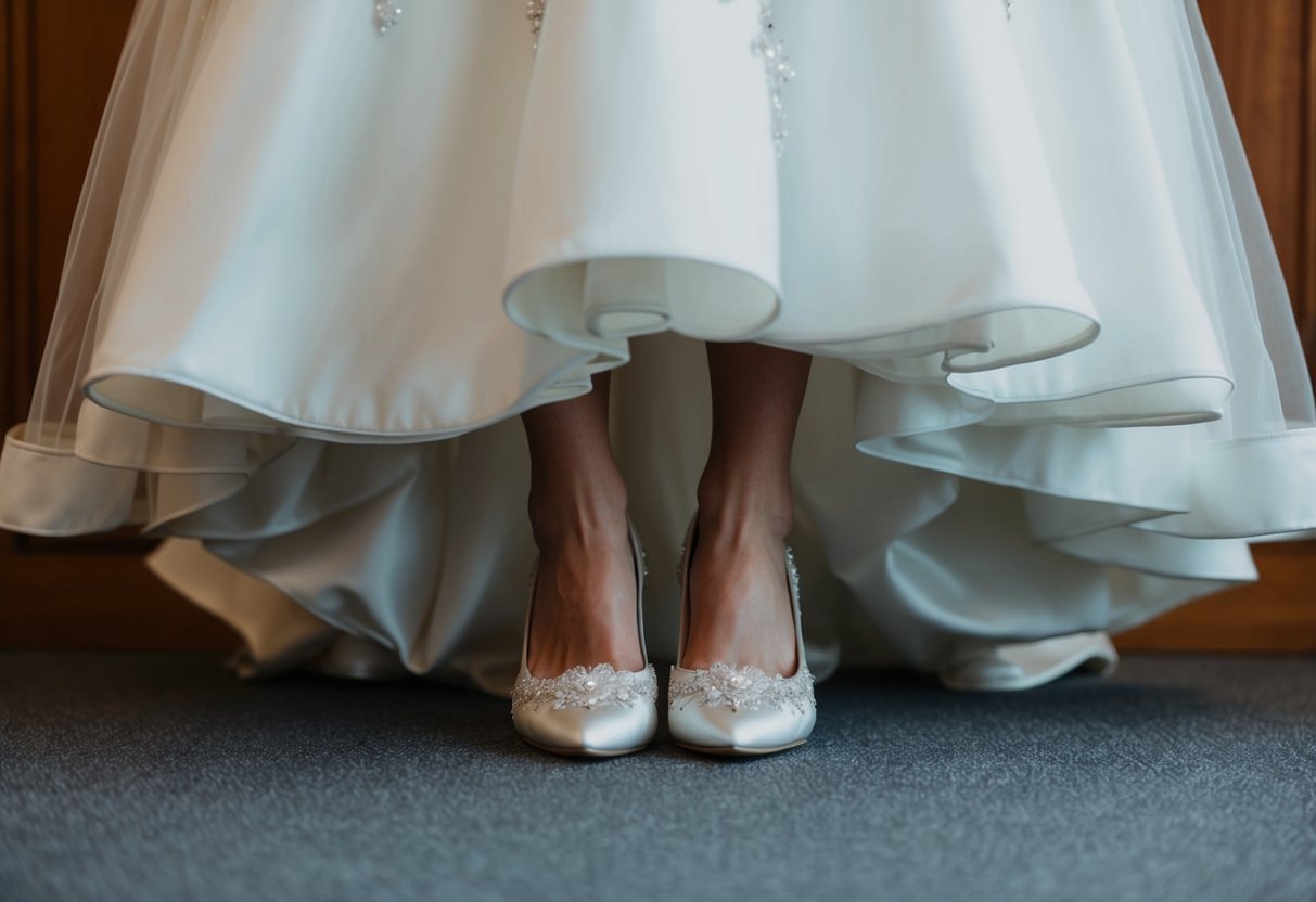 A pair of elegant wedding shoes peek out from beneath a flowing bridal gown