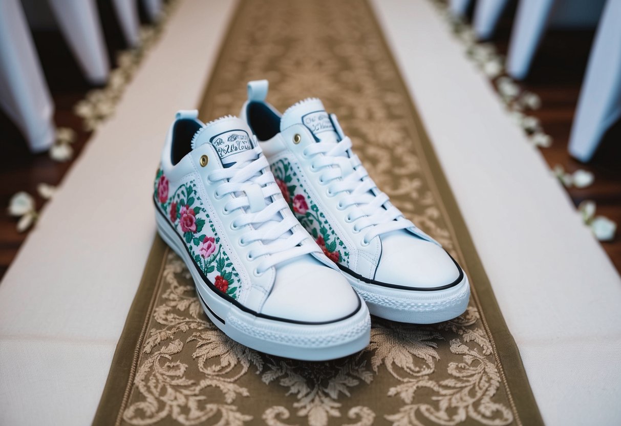 A pair of white sneakers with intricate floral designs and lace details, placed on a elegant aisle runner