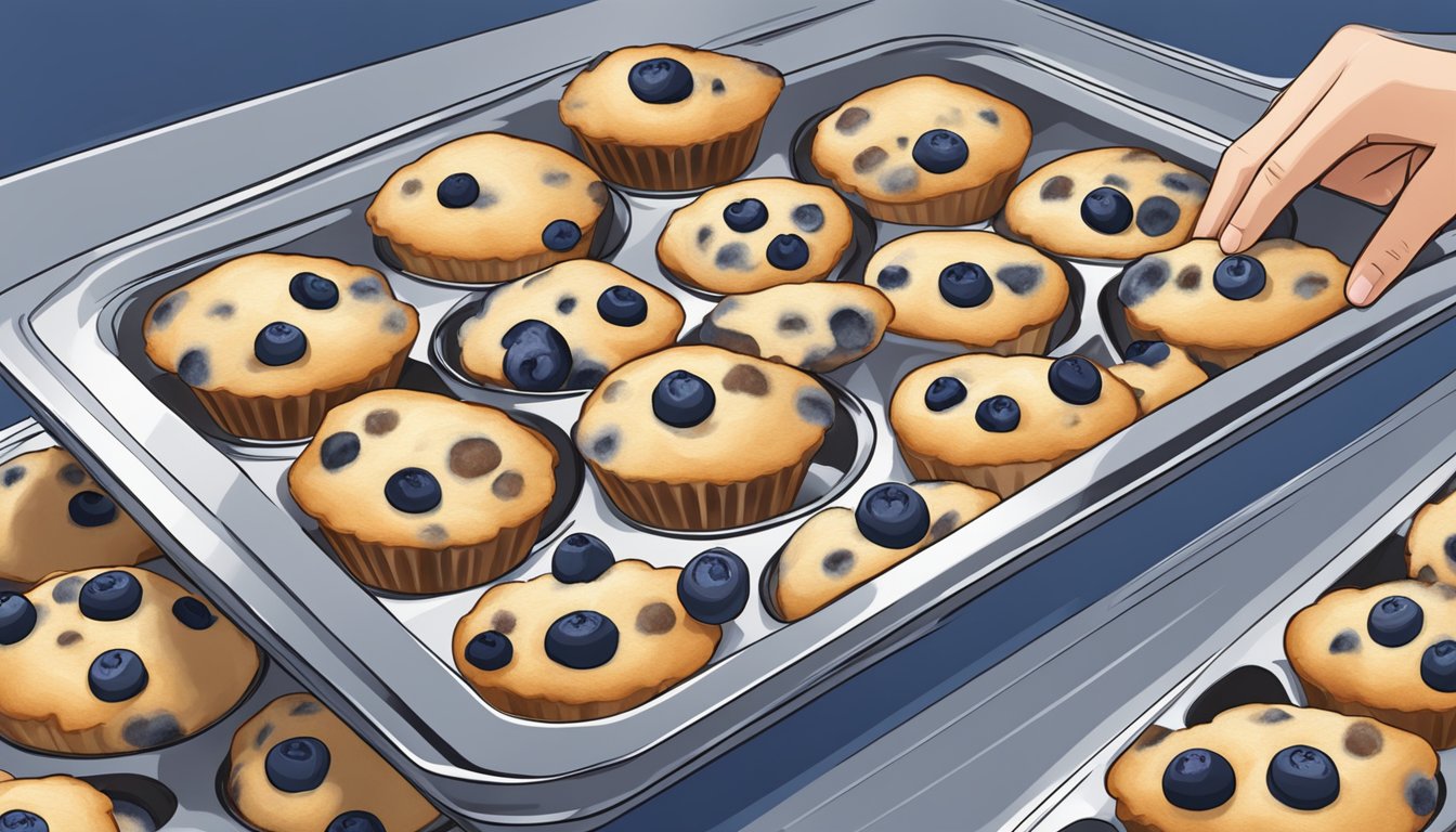 A tray of blueberry muffins being placed into a preheated oven