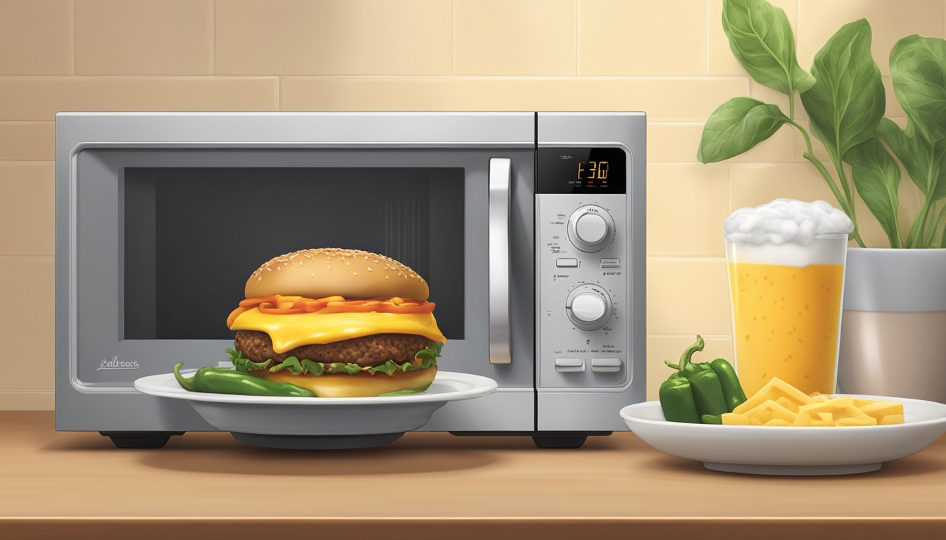 A microwave with a bubba foods jalapeño cheddar burger on a plate, steam rising as it heats