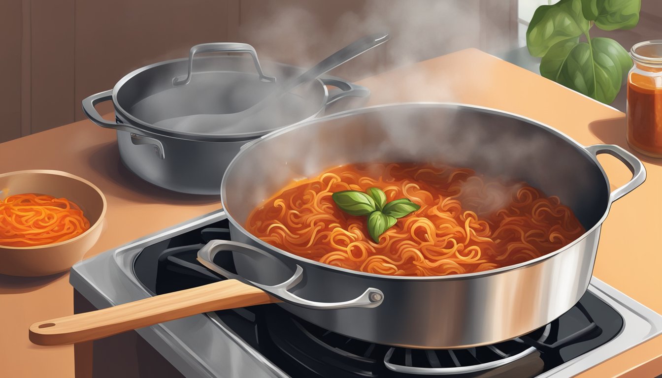 A pot of leftover bolognese sauce sits on a stovetop, with a wooden spoon resting on the edge. A steaming bowl of reheated sauce sits next to it