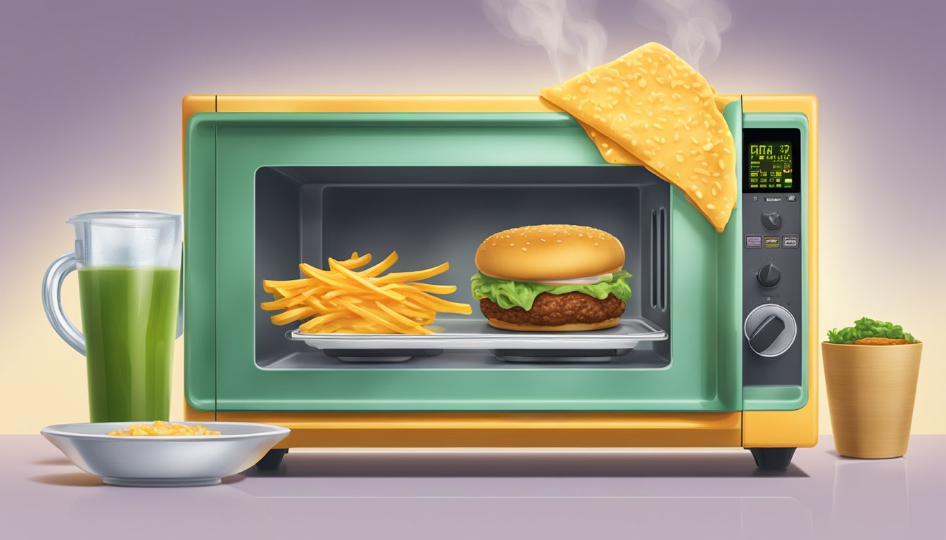 A microwave with a bubba jalapeño cheddar burger on a plate, steam rising from the hot food