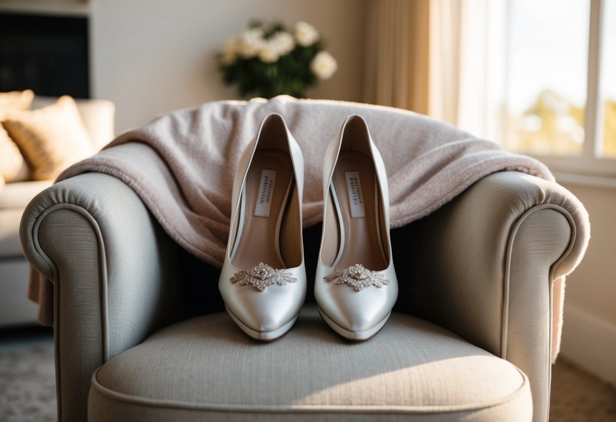 A pair of elegant wedding shoes peek out from under a cozy blanket on a comfortable armchair in a sunlit room
