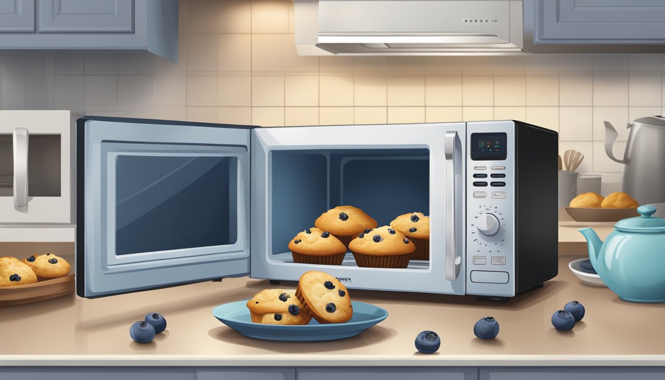 A microwave with a plate of blueberry muffins inside, a toaster oven, and a steaming pot on the stove