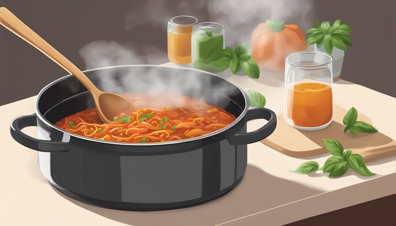 A pot of bolognese sauce sits on a stovetop, with a wooden spoon resting on the edge. A steaming pot of water sits nearby