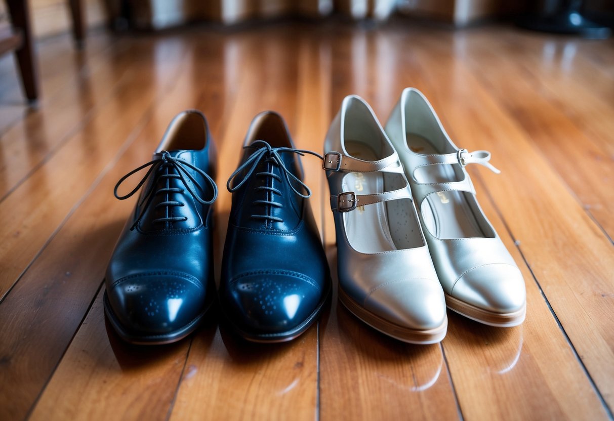A pair of elegant wedding shoes and a stylish pair of Sketchers side by side on a polished wooden floor