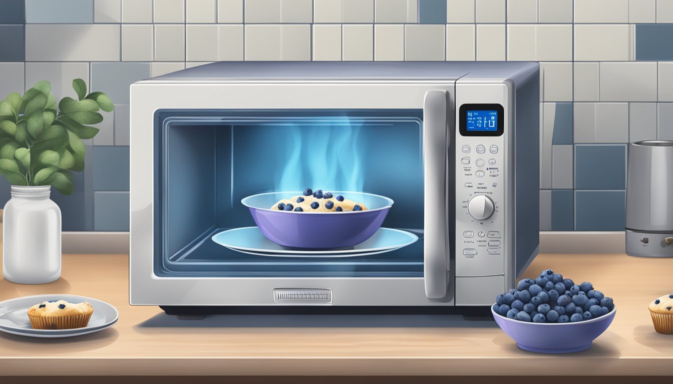 A microwave with a plate of blueberry muffins inside, with a timer set and steam rising from the muffins as they heat up