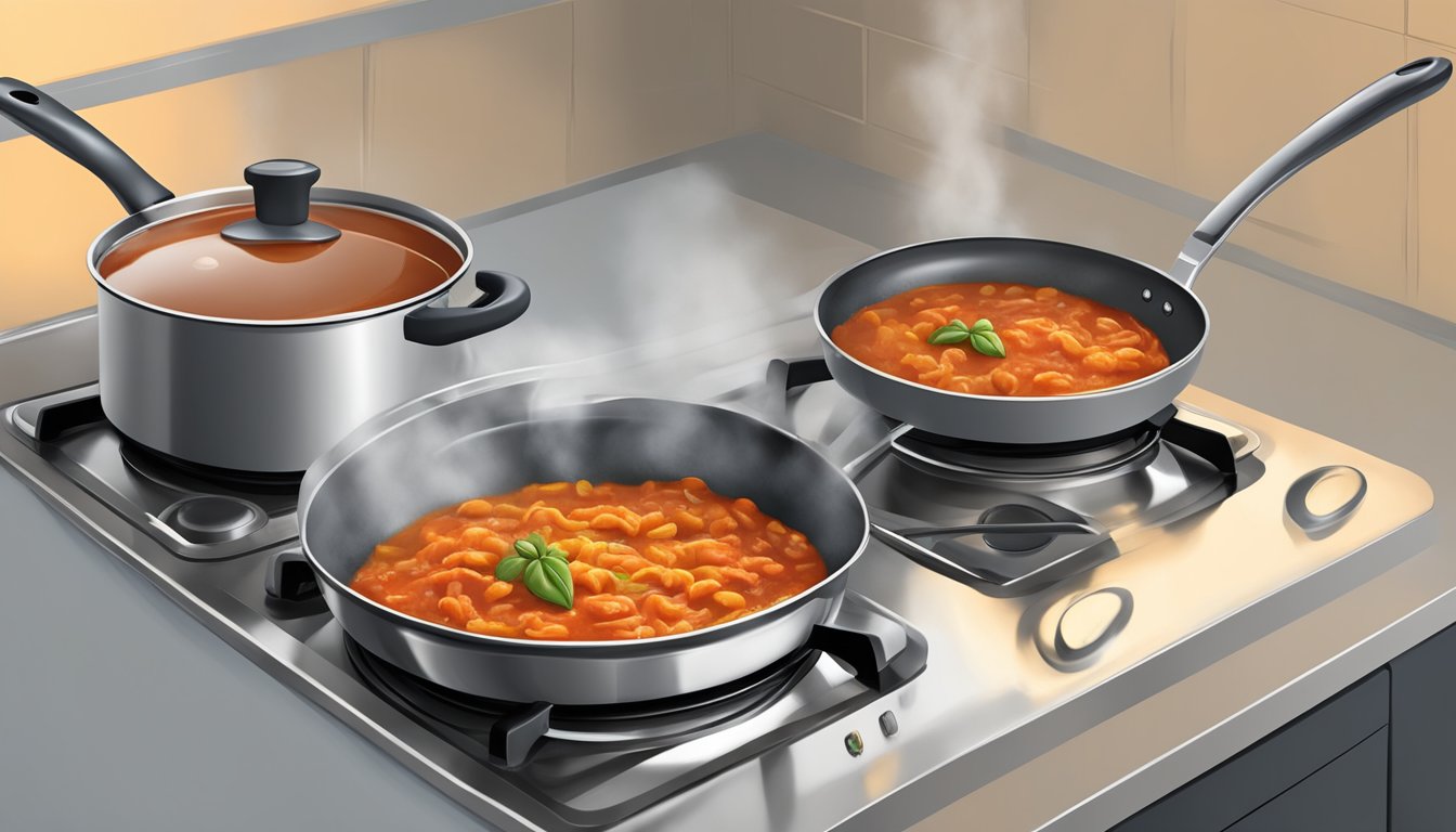 A saucepan on a stovetop with bolognese sauce being reheated