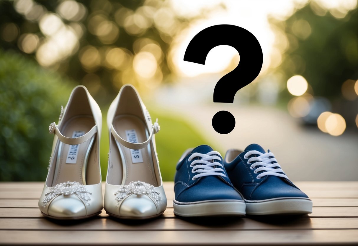 A pair of elegant wedding shoes next to a pair of casual sketchers, with a question mark above them