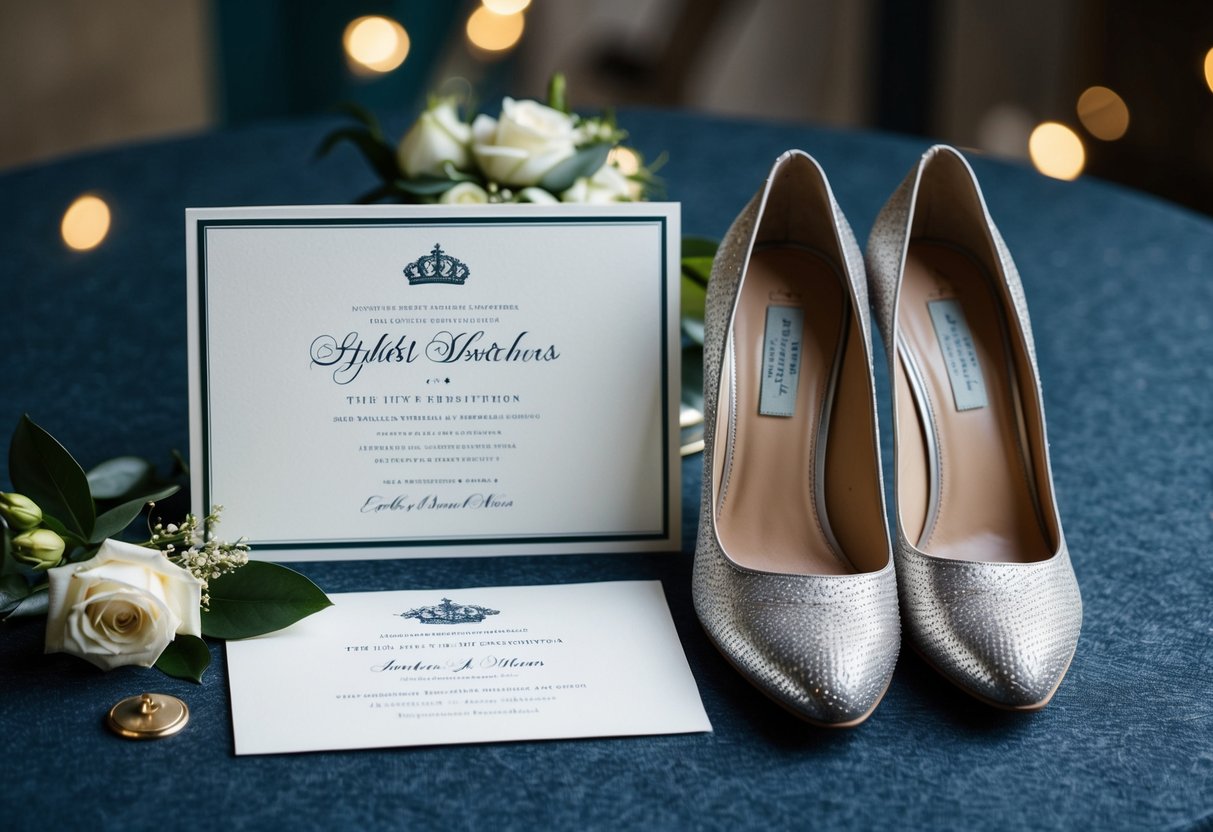 A pair of stylish Sketchers shoes placed next to a formal wedding invitation and a pair of elegant high heels