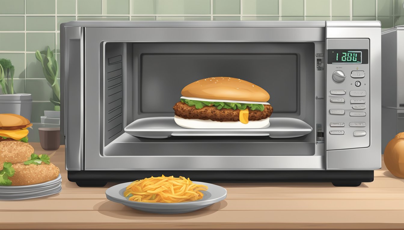 A microwave with a plate of Bubba Foods sweet onion turkey burgers inside, the timer set for reheating