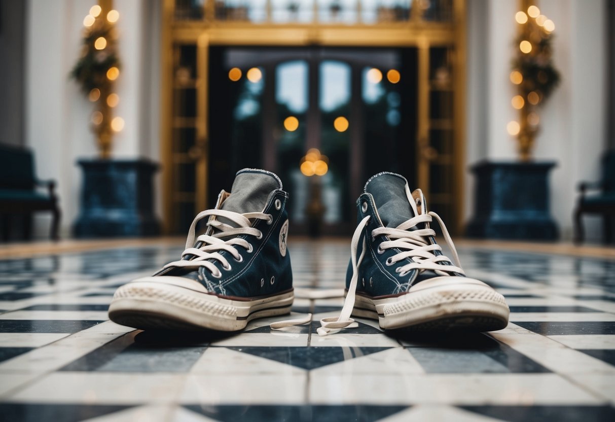 A pair of dirty, worn-out sneakers left at the entrance of a grand, ornate wedding venue
