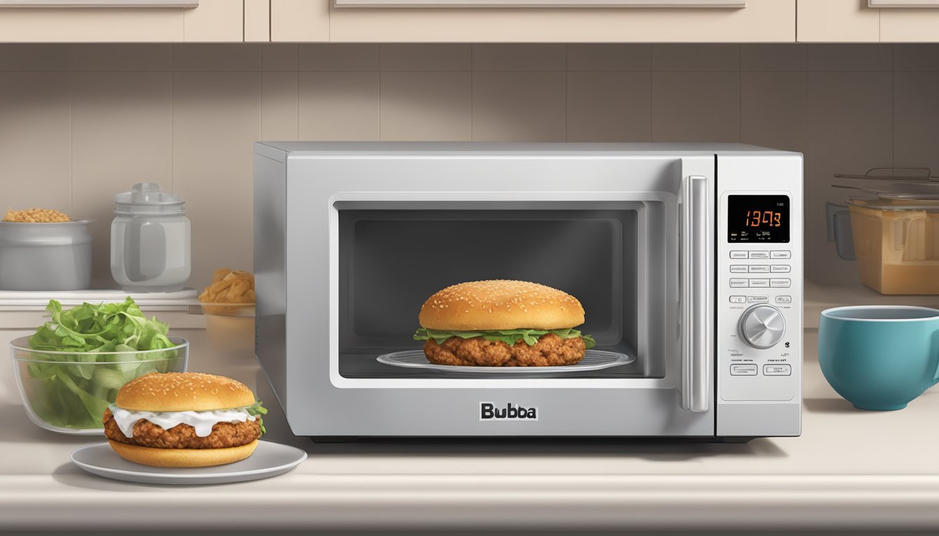 A microwave with a plate of bubba foods sweet onion turkey burgers inside, a timer set, and steam rising from the burgers