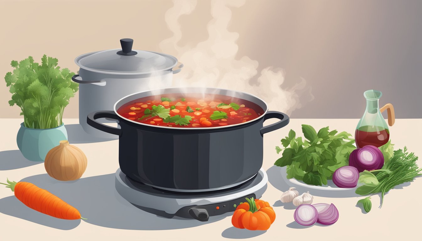 A pot of borscht simmering on a stovetop, steam rising, surrounded by fresh vegetables and herbs