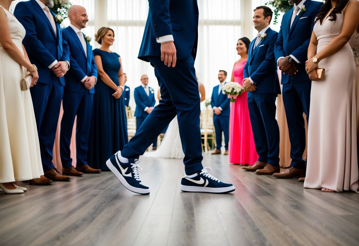 A person wearing casual sneakers at a formal wedding, surrounded by elegantly dressed guests in formal attire
