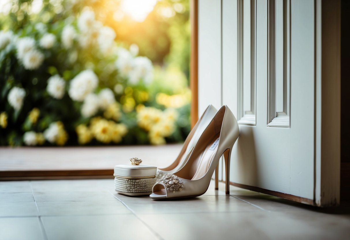 A pair of elegant shoes by the door, next to a small bag for a wedding