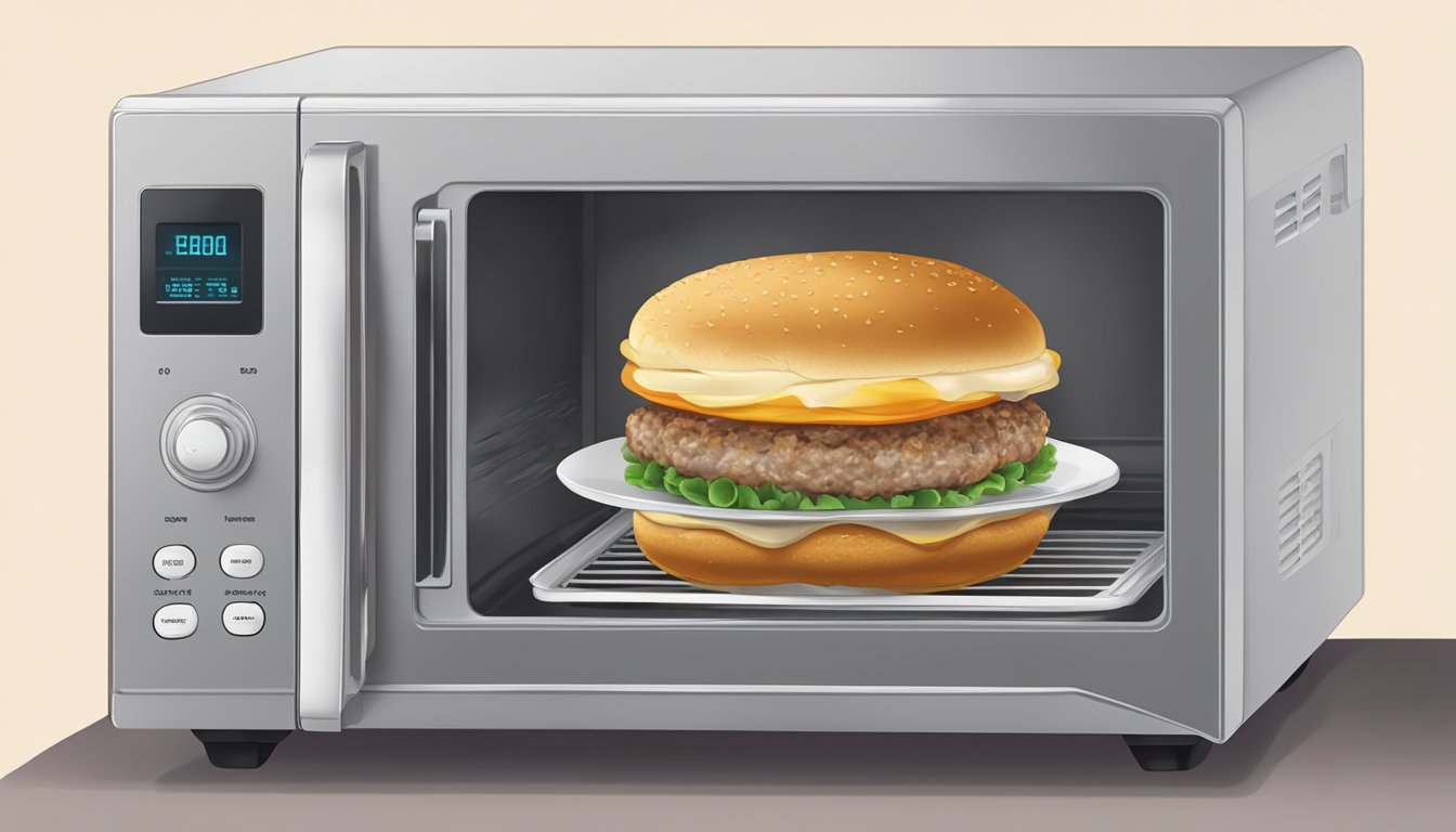 A plate of sweet onion turkey burgers being reheated in a microwave with steam rising from the patties